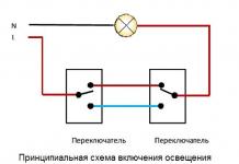 Podrobná schéma zapojenia prechodového spínača, podrobný návod krok za krokom Schéma zapojenia prechodového spínača bez spojovacej skrinky